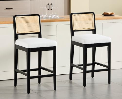 DAYALANE Tabouret de Bar avec Dossier en Rotin Lot de 2 Chaises de Bar avec Pieds en Bois Massif Tabourets Comptoir en Lin pour Cuisine, Ilot Central, Beige