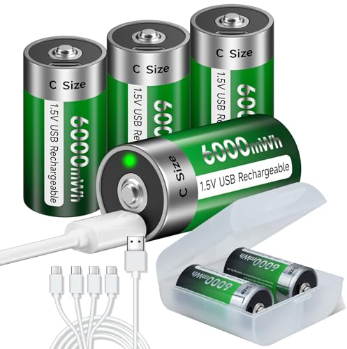Palogreen 6 batterie ricaricabili Baby C USB 6000 mWh – 1,5 V/litio ricaricabili C batteria ad alta capacità con cavo di ricarica di tipo C, ricarica rapida 3 ore
