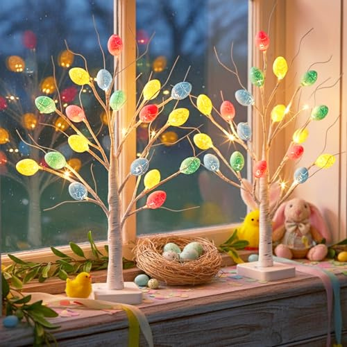 DELICHTER 2er Set Beleuchtet Osterdeko Innen mit 24 Warmweißen LEDs Batteriebetrieben Lichterbaum mit 36 Ostereiern Ostern Deko Geschenke mit Timer-Funktion Birke Baum für Wohnzimmer Tisch 55 cm