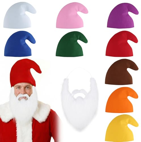 HOCUCHELAND 9 Stück Zwergenmütze, Schlumpf Mütze mit 1 Zwergenbart, Bunte Zipfelmütze, Lustige Wichtelmützen für Erwachsene Kinder Karneval, Zwergenkostüm, Halloween und Mottoparty
