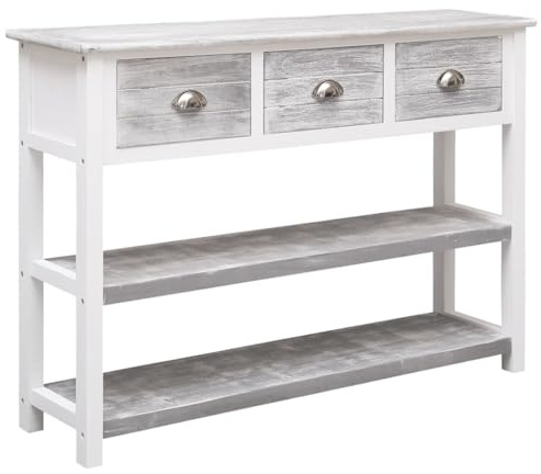 Fangmaliuyun Sideboard Küche Antik-Grau 108x30x76 cm Paulownia & Pappel Massivholz Modernes Design Robust & Langlebig mit 3 Schubladen 2 Ablagen für Wohnzimmer Flur Schlafzimmer Esszimmer