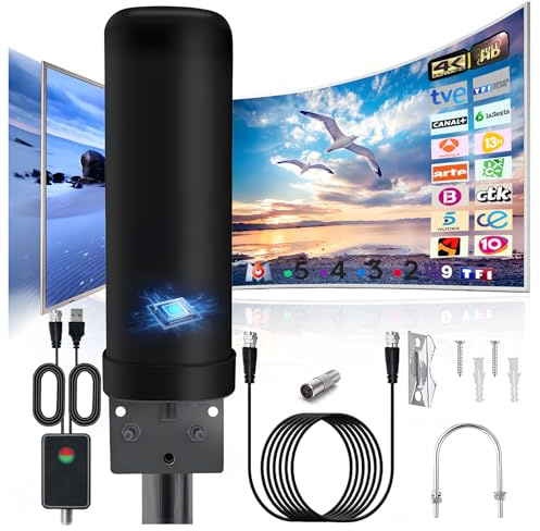 DVB-T2 Antenne, IP66 Minenfest 360° Empfang Zimmerantenne DVB-T mit Verstärker und 13 Meter Kabel für Innen Außen Digitales Fernseher 4K 1080P TV-Geräte