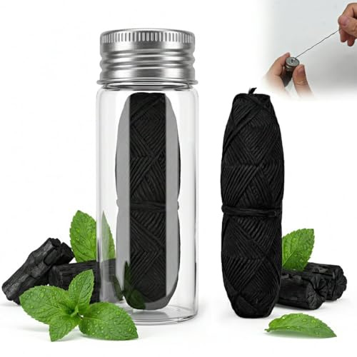 QEAS Filo interdentale ecologico in bambù, 60 m, al carbone attivo, cerato con menta piperita, vegano, senza plastica, compostabile in flacone di vetro, sostenibile, zero rifiuti, per la cura orale a