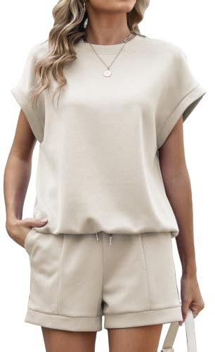 Famulily Crew Neck Womens Tracksuit Set Summer Co Ord Sets Solid Color 2 Piece Outfits Shirt and Shorts Set with Pockets S-XXL