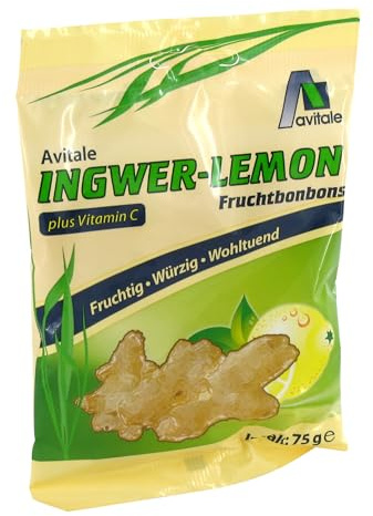 Avitale Ingwer-Lemon Fruchtbonbons plus Vitamin C, 75 g | Ingwer-Lemon-Bonbons: Feine, leichte Ingwerschärfe trifft auf eine fruchtig-säuerliche Zitronennote, 24 Bonbons