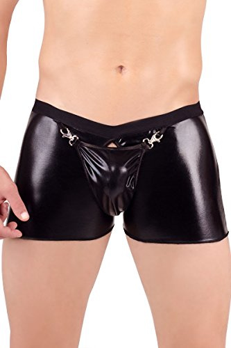 Andalea Glänzende Herren Boxershorts in schwarz mit Öffnung und Schlitz aus Wetlook Metarial Männer Shorts