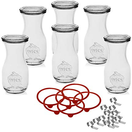 Weck 6 Gläser Flaschen, 290ml mit Deckel, Klammern und Einkochring-Original, Durchsichtig