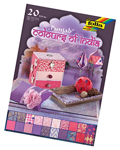 folia 550403 - Kreativblock Colours of India Punjab, handgemachtes Papier, 20 Blatt sortiert in verschiedenen Farben und Motiven, DIN A4 - ideal für Grußkarten, Scrapbooking und edle Bastelarbeiten