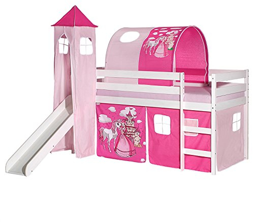 IDIMEX Hochbett mit Rutsche Benny Kinderbett Spielbett Holzbett mit Vorhang, Tunnel und Turm Prinzessin Motiv rosa pink, Kiefer massiv weiß lackiert, 90 x 200 cm