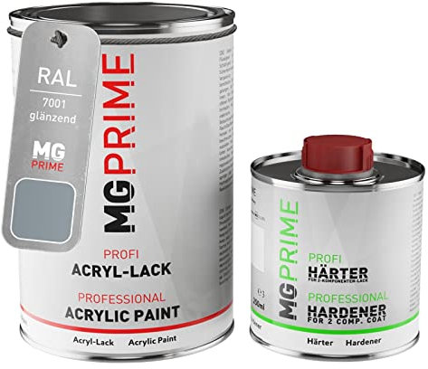 MG PRIME RAL 7001 Gris argent/Silver grey brillant peinture acrylique 1,5 Litres / 1500 ml durcisseur inclus