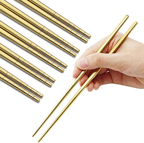 MUYOS Stainless Steel Chopsticks, 5 Pairs, Gold | Chopsticks Reusable for Daily Meals, Metal Chopsticks with a Hollow-Core Lightweight Design, Non-Slip Tips, Dishwasher Safe