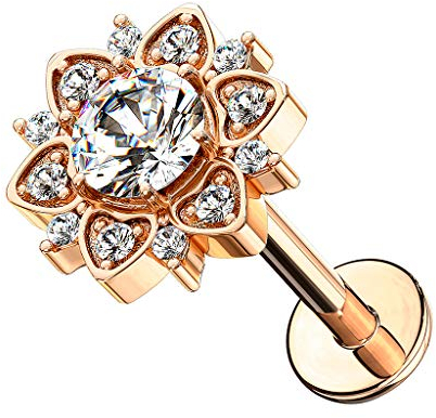 Taffstyle Piercing Stab Stecker Lippenpiercing Ohrpiercing Labret Lippe Ohr Tragus Helix Platte Stud Blume Herzen mit Glitzer Kristall Rosegold 6mm