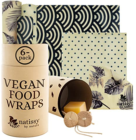 Envoltorio Cera Vegana, Set de 6 Tela Encerada para Alimentos; Papel Vegano Reutilizable; Alternativa para Beeswax Wrap Natural de Tela; Papel Bocadillo, Cubiertas Lavables para Cuenco Ecológicas