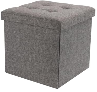 Dripex Small Folding Ottoman Storage Box Toy Chest and Footstool Grey Ottoman Storage Box Linen Fabric, 40L Capacity, Comfy Sponge Bench Space Saving (38 x 38 x 38 cm)…