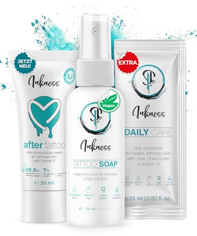 Inkness Tattoo Aftercare Set Basic - für frisches Tattoo - After Tattoo Creme 30ml, Tattoo Soap 50ml und Daily Care 15ml - Tätowierer-Genehmigt - 99% natürliche Inhaltsstoffen - vegan