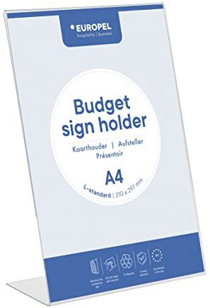 Europel Budget Présentoir de table, Base T, format A4 Portrait, Polystyrène limpide 1,5 mm, affichette, pour restaurants, hôtels, conférence, réception, Autoportant et Double face Transparent
