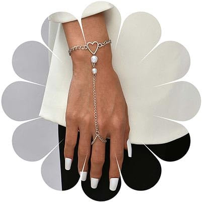 Aneneiceera Boho Fingerring Liebesarmband Schichtung Perle Silber Handkette Silber Sklave Fingerring Perlen Armband Armreif Brauthandstück Handgeschirr Schmuck für Frauen und Mädchen