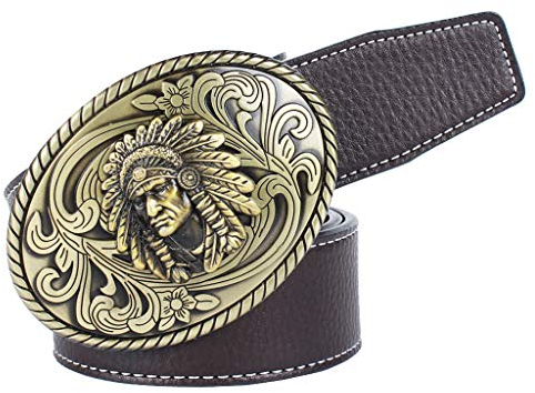 Herren Western Cowboy Ledergürtel Indian Warrior Chief Head Buckle Coffee, coffee, Einheitsgröße