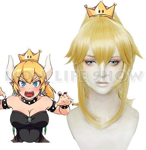 Bowsette Prinzessin Bowser Peach Teresa Boos Cosplay Perücke Vollhaar Goldene Perücke Lange Bowsette Prinzessin Bowsette