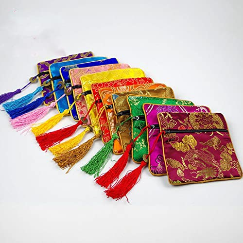 Seide Brokat Schmuck Taschen chinesischen Stickerei Schmuck Tasche Reißverschluss Geldbörse Beutel mit Reißverschluss Quaste Seidenbrokat Beutel für Silvester Hochzeit 10Pcs