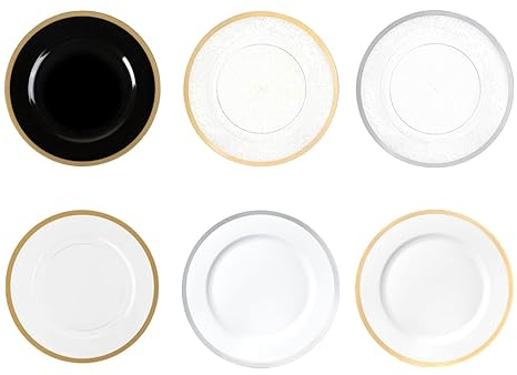Decorline - 4x Sottopiatti piattino come decorazione da tavola - Riutilizzabili in Plastica Dura piatti decorativi per Eventi e Feste, Matrimoni, Compleanni, Capodanno, Natale - Bianco/Argento - Ø33cm