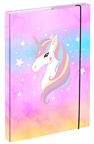 Heftbox für Schulranzen A4 - Sammelmappe für Kinder mit Gummiband und Innenklappen - Heftmappe, Sammelbox mit Gummizug für Mädchen (Rainbow Unicorn)