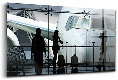 Wallfluent 120x60 cm Glasbild Dekoration Wohnzimmer Schlafzimmer Küche Wandkunst - Passagiere warten auf das Flugzeug