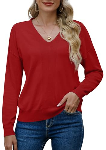 PrinStory Women'S Jumpers V Neck Xmas Jumper Women'S Long Sleeve Tops Solid Color Pullover Warm Soft Knit Sweater (Red, M)