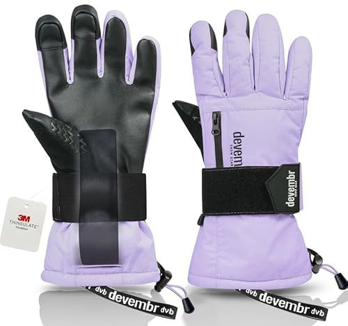 devembr Skihandschuhe mit Handgelenkschützern, Warme Snowboardhandschuhe für Herren und Damen, Lila, M