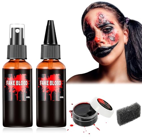 Aomig Sangre Falsa Halloween, 4pcs Fake Blood Lavable y Realista con Esponja, Sangre Artificial para Maquillaje Halloween Profesional, Pintura Sangre Halloween para Zombie Vampiro Herida Maquillaje