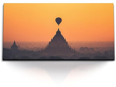 Paul Sinus Kunstdruck Bilder 120x60cm Bagan Myanmar Tempel Asien roter Himmel Heißluftballon