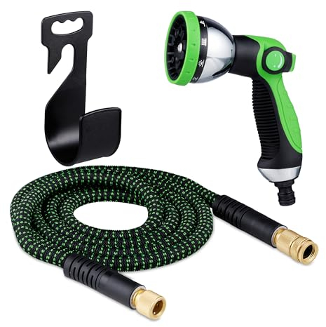 Relaxdays Gartenschlauch, flexible Länge bis 7,5m, 10 Modi Gartenbrause, Schrumpfschlauch, anschlussfertig, grün/schwarz