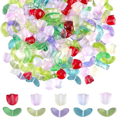 SUNNYCLUE 160PCS 10 Styles Tulip Flower Beads Glass Flower Spacer Beads Tulip Floral Acrylic Transparent Candy Colored Tulips Shaped Spacer Beads for Jewellery Making Beading Valentine's Day Supplies