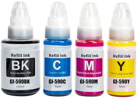 SHUOLEI GI-490 GI-590 Encre Compatible avec Canon GI490 GI590 Bouteille d'encre Multipack pour PIXMA G1400 G1410 G2400 G2410 G3400 G4400 G4411 G1500 G1510 G2500 G2510 G3500 G3510 G4500 G1501(4-Pack)