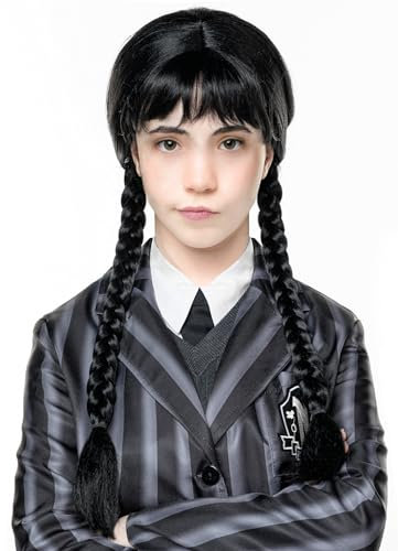 Goth Girl Perücke - Schwarze Langhaarperücke mit Zöpfen für Kinder - Kostüm-Accessoire für Halloween, Karneval & Motto-Party