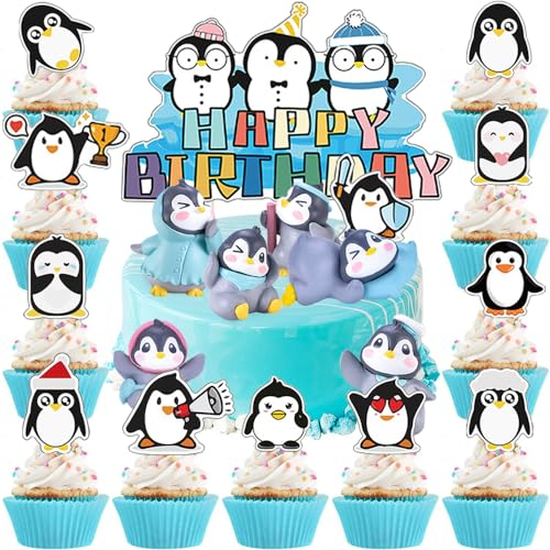 YGCHEN Tortendeko Pinguin Figuren Kuchen Dekoration Weihnachtsfiguren Kuchen Deko Pinguine Cupcake Topper Happy Birthday Cake Topper Miniatur Tierfiguren Geburtstagstorte Weihnachtsschmuck 19 Stück