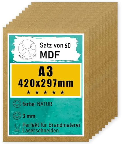 woodmanucom A3 MDF Platten | 420 x 297 x 3 mm | Bastelplatte Dünne Holz-Platten | Perfekt für Laser, CNC Router, Laubsäge, Modellierung (60 Stück natürlich)