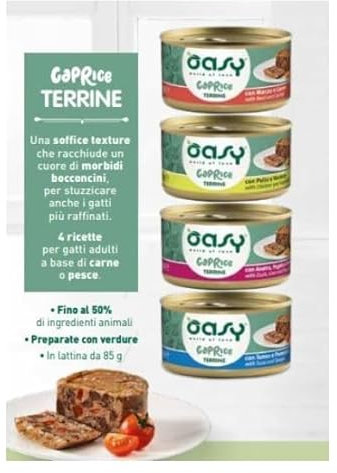 Oasy Wet Cat gatto caprice terrine gusti misti 85 gr CONFEZIONE DA 18 LATTINE