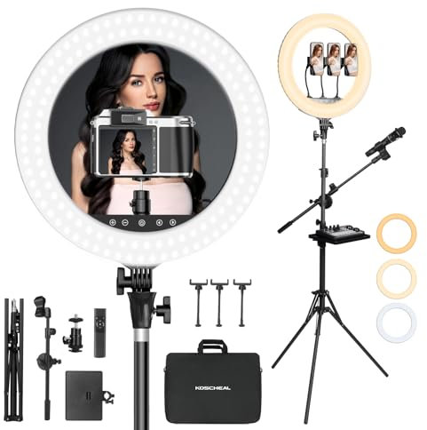 Upgraded 18'' LED Ring Light with Tripod Stand & Phone Holder,KOSCHEAL Ringlights with Remote,3000-6500K Dimmable White,Extendable 86'' Tall Circle Light for Phone Camera Makeup Streaming Zoom Meeting