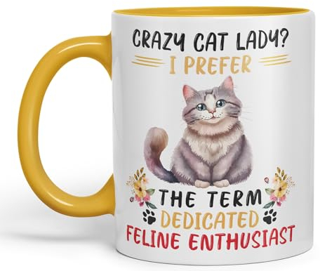 Vixar Crazy Cat Lady? I Prefer Sarcastic Joke Ceramic Coloured Mug Cup for Tea Coffee Hot Brew 330ml 11Oz (G Yellow)