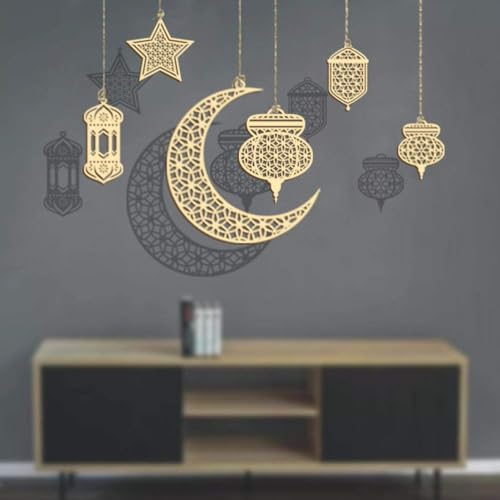 Mis.Moon 6 Stück Holz Ramadan Deko, Eid Mubarak Dekoration Anhänge, Mond Stern Laternen Form Hohlanhänger für Innen/Außen Ramadan Eid Party Dekoration