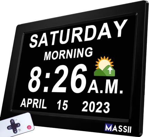 Reloj digital con fecha y hora que habla por voz, reloj calendario grande de 11.5 pulgadas para demencia, DST automático, 20 recordatorios personalizados, brillo ajustable, alarmas fuertes, batería de