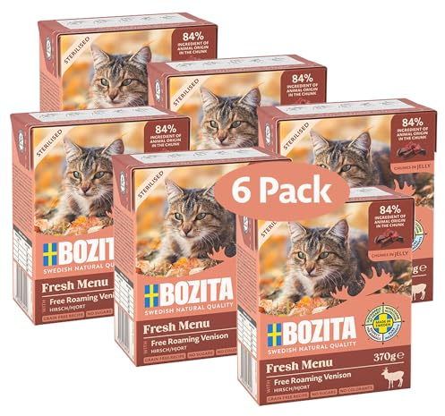 Bozita Tetra Sterilised Häppchen in Gelee mit Hirsch – 6x370g getreidefreies, zuckerfreies Nassfutter für Katzen – ohne Gentechnik, mit 7,5% Protein & 5% Fett – hochwertig & besonders schmackhaft