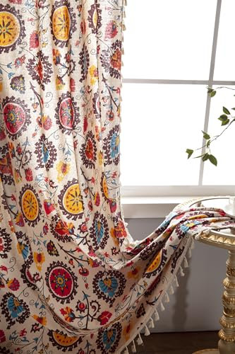 Freyamy Boho 260x150cm 2er Set,Blumen Vorhang mit Kräuselband,Vintage Landhausstil Bunt Gardinen mit Quasten,Geometrisch Transluzente Vorhänge Blickdicht Gardinen für Küche Lichtdurchlässig