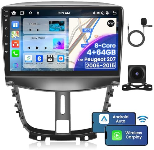 Inefala 8 Core 4 + 64GB Android 15 Autoradio für Peugeot 207 2006-2015 Stereo Radio 9 Zoll Bildschirm mit Wireless Carplay Android Auto Bluetooth, GPS Navigator, FM RDS, AHD Rückfahrkamera
