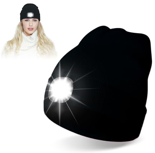 UQTUKO LED Mütze mit Licht, Wiederaufladbare USB Strickmütze mit Licht Beanie Beleuchtete Mütze Winter Warme Stirnlampe Laufmütze für Damen für Angeln, Jogger, Camping, Laufen (Schwarz)