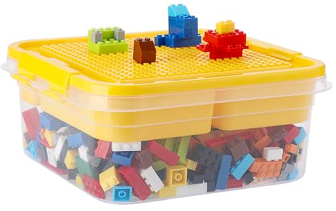 OGA Plastic Storage Container with Bricks Baseplate Lid for Building Blocks, Bricks Building Set Organization Bin with Compartments Tray, Stackable Storage Box Building Block Chest Case (Yellow)