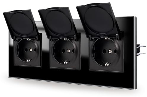 JIMEIDA 3-Steckdose Unterputz Schwarz 16Amp Glas Steckdosen mit Wasserdichtem Deckel 228 * 86mm,250V