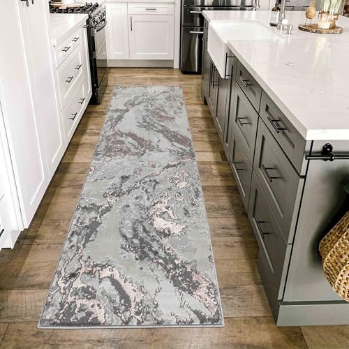 Emperor Metallic Abstract Modern Hallway Runner Rug, Pink, 60x220cm