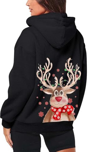Generisch Damen Weihnachten Pullover - Kapuzenpullover Damen Weihnachten Damen Langarm Kapuzenpulli Hoodie Oberteile Christmas Hut, Weinglas Schneeflocke Christmas Sweater Fallen Winter Streetwear